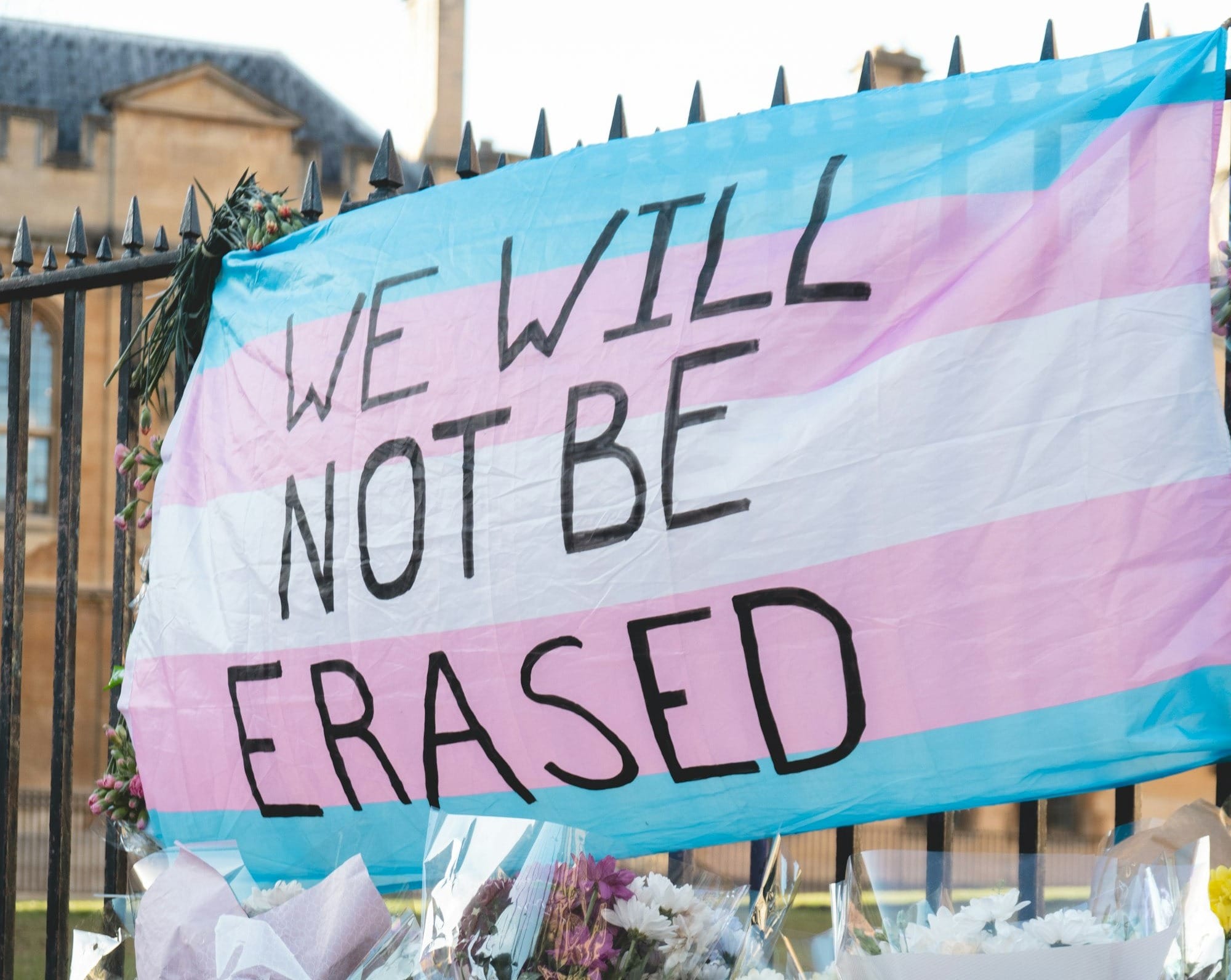 A blue, white, and pink flag with the words "we will not be erased" on it.