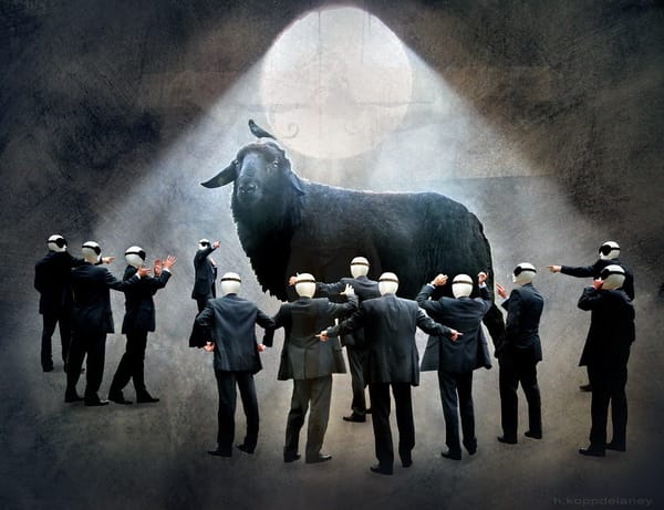 A group of figures in business suits, masks, and blindfolds surround and point at a giant goat with a bird perched on its head.